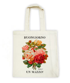 Shopper in cotone canvas naturale modello ampio stampata con mazzo di rose e la scritta buongiorno un mazzo by majaloca