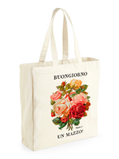 Shopper in cotone canvas naturale modello ampio stampata con mazzo di rose e la scritta buongiorno un mazzo by majaloca