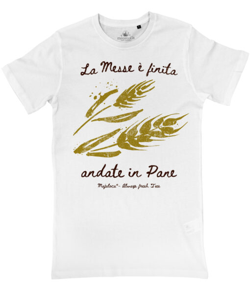 T-shirt Majaloca Inspire da uomo in cotone con spighe e la scritta La Messe è finita andate in pane, dedicata ai panifici e ai mugnai.